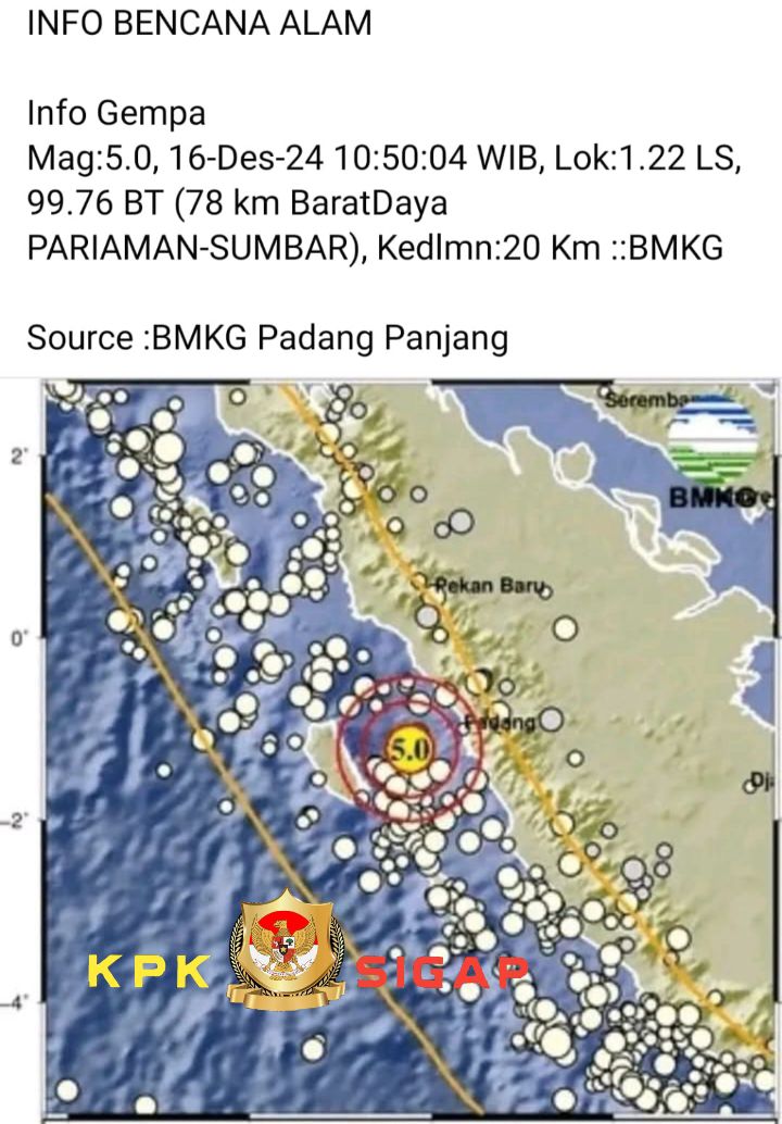 GEMPA YANG BER PUSAT DI PARIAMAN,TERASA SAMPAI KEPASAMAN BARAT