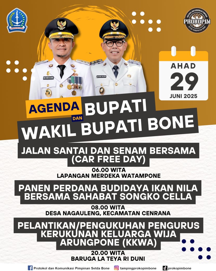 Bupati dan Wakil Bupati Bone Padati Agenda Akhir Pekan, dari Car Free Day hingga Pelantikan KKWA